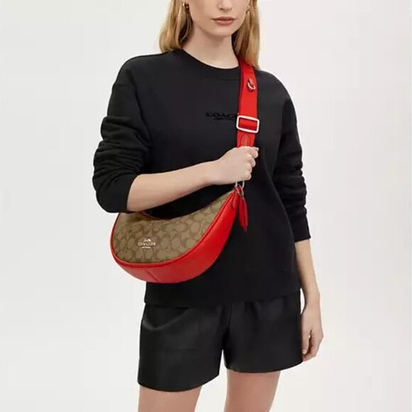 Coach Aria Signature Tan & Red Leather Shoulder Crossbody Bag #CR283 - Picture 3 of 11